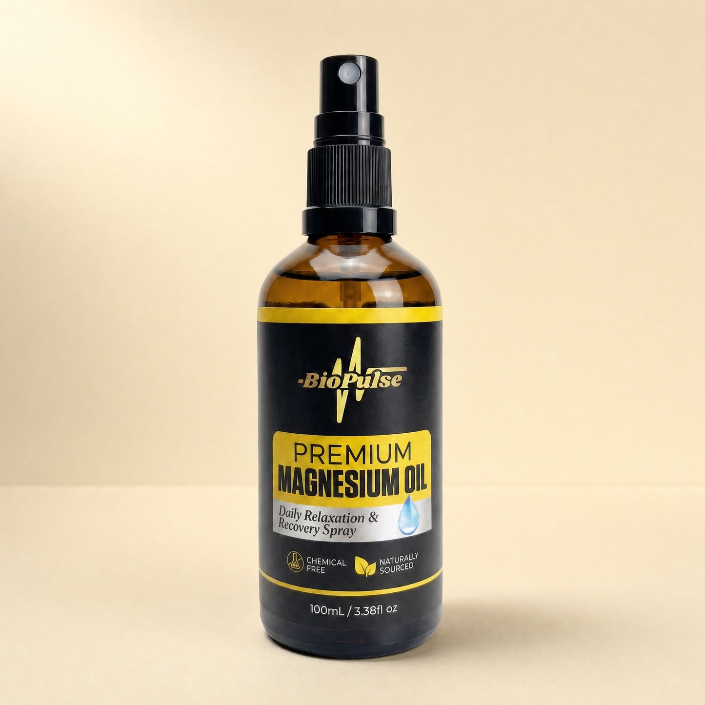 BioPulse Premium Magnesium Oil Spray in a 100mL amber glass bottle with a fine mist spray top