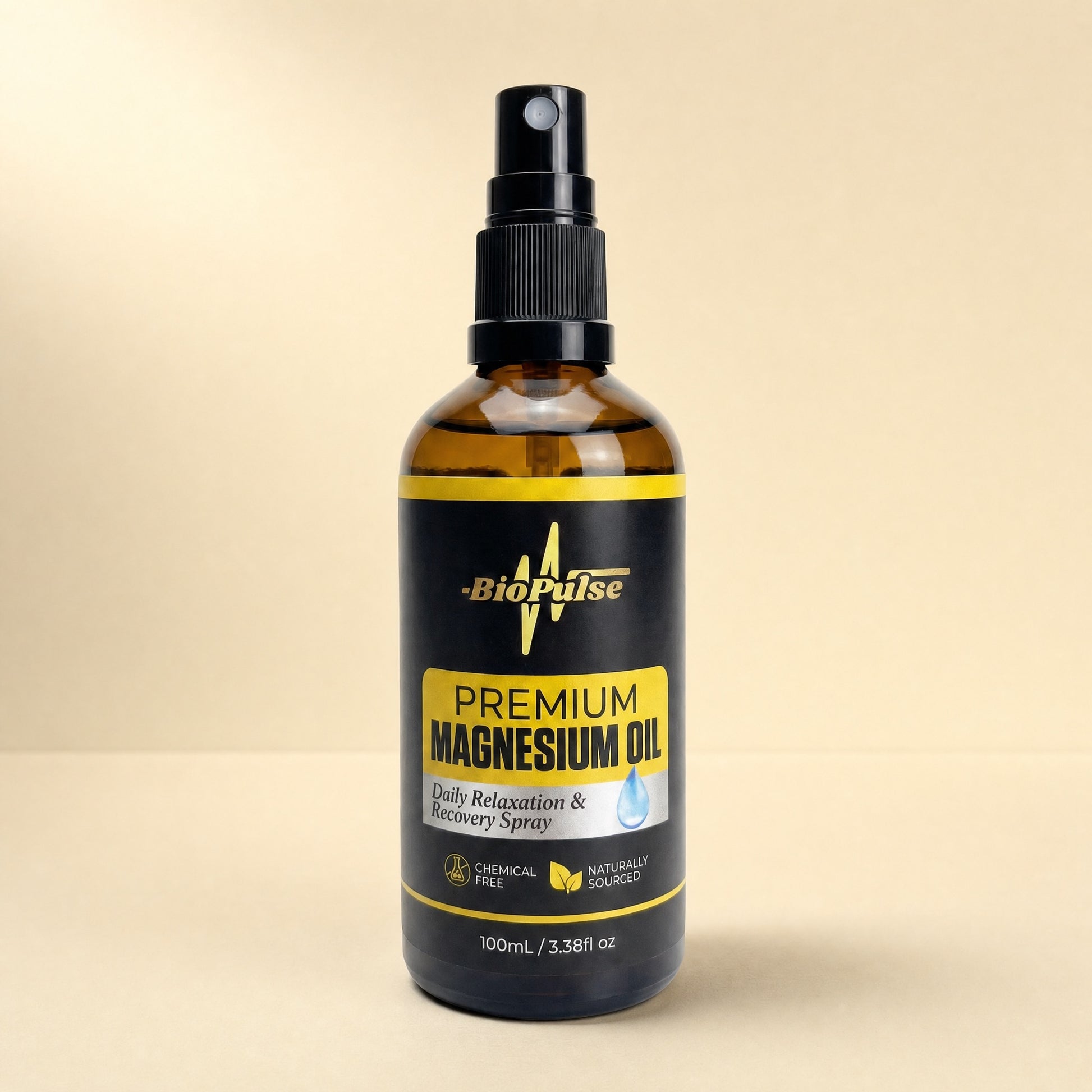 BioPulse Premium Magnesium Oil Spray in a 100mL amber glass bottle with a fine mist spray top