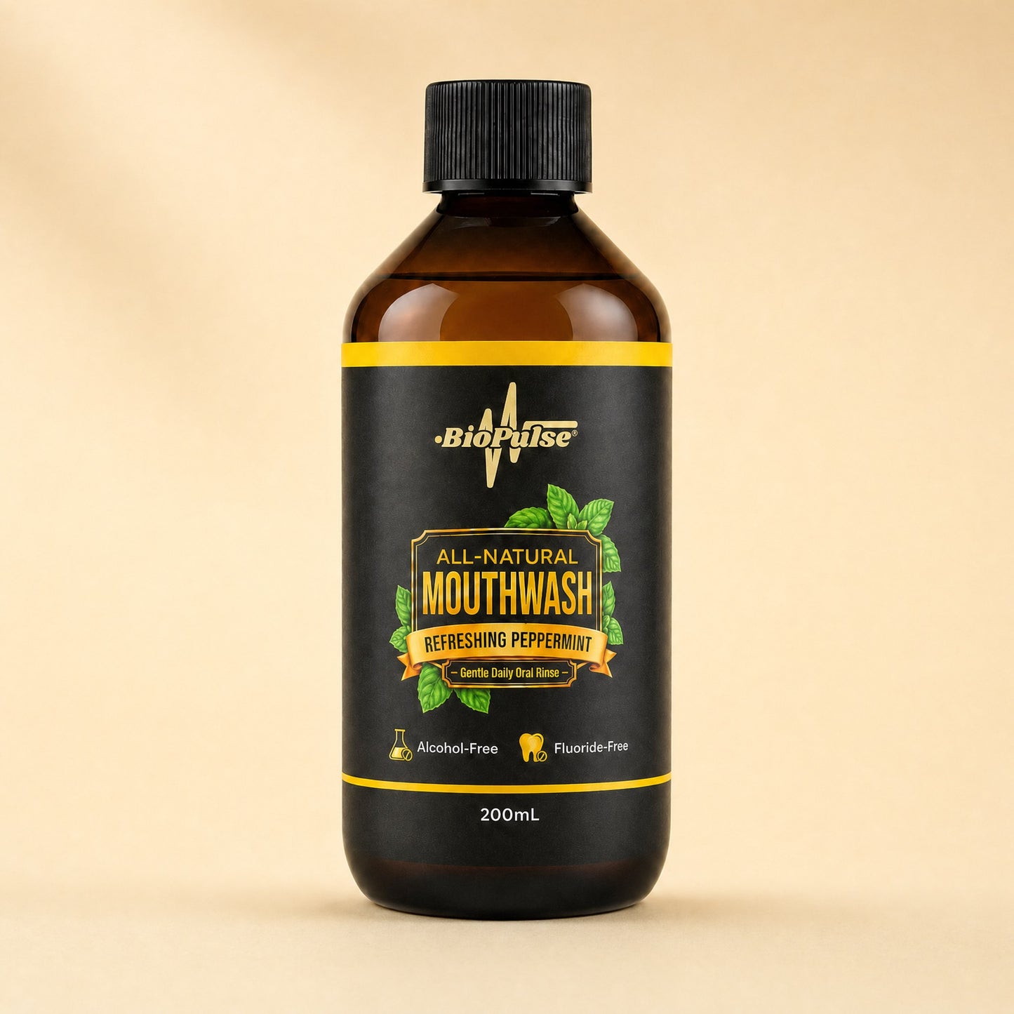 BioPulse All Natural Mouthwash 200mL in an amber glass bottle with a black cap