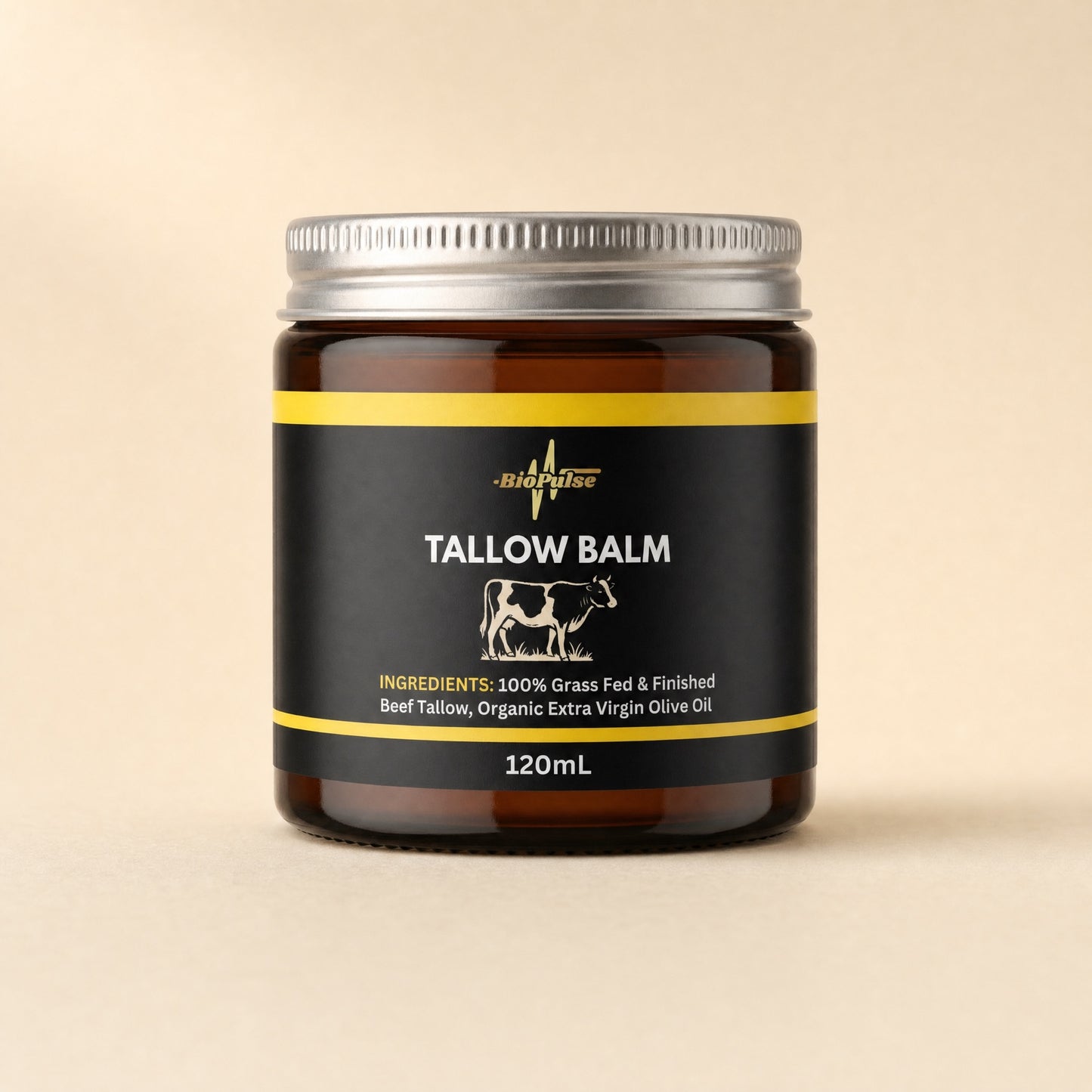 BioPulse Tallow Balm in a 120mL amber glass jar with a silver screw lid on a cream background