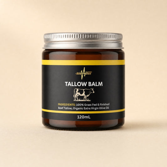BioPulse Tallow Balm in a 120mL amber glass jar with a silver screw lid on a cream background