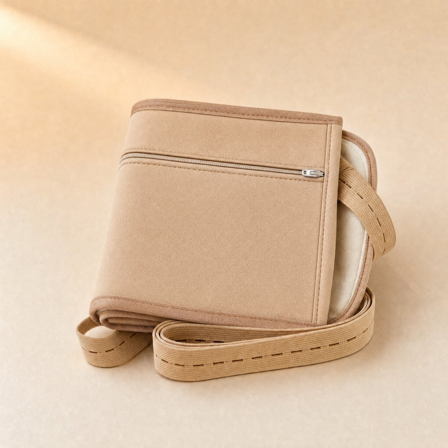 Folded beige organic cotton castor oil waist wrap with a zip pocket and elastic straps