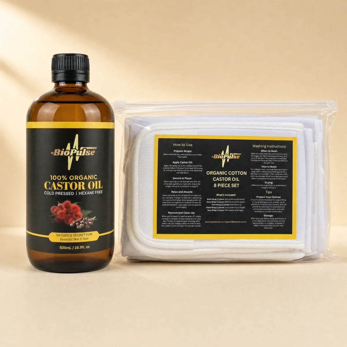 The BioPulse castor oil bottle with folded cotton wraps