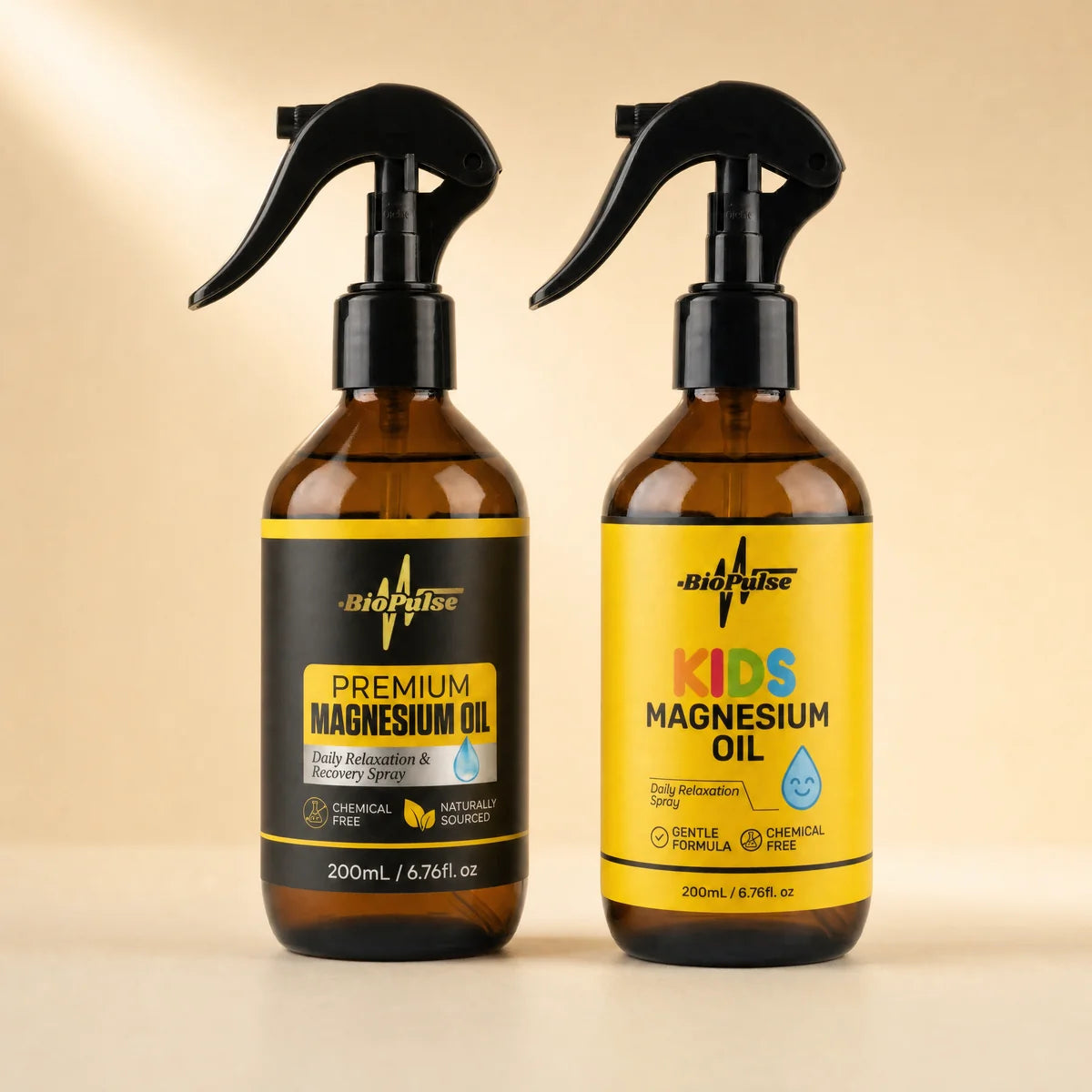 The BioPulse adult and kids magnesium sprays side by side