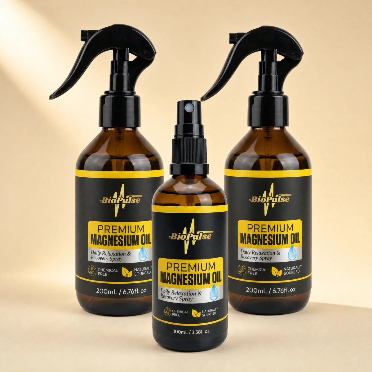 BioPulse magnesium oil spray bottles together