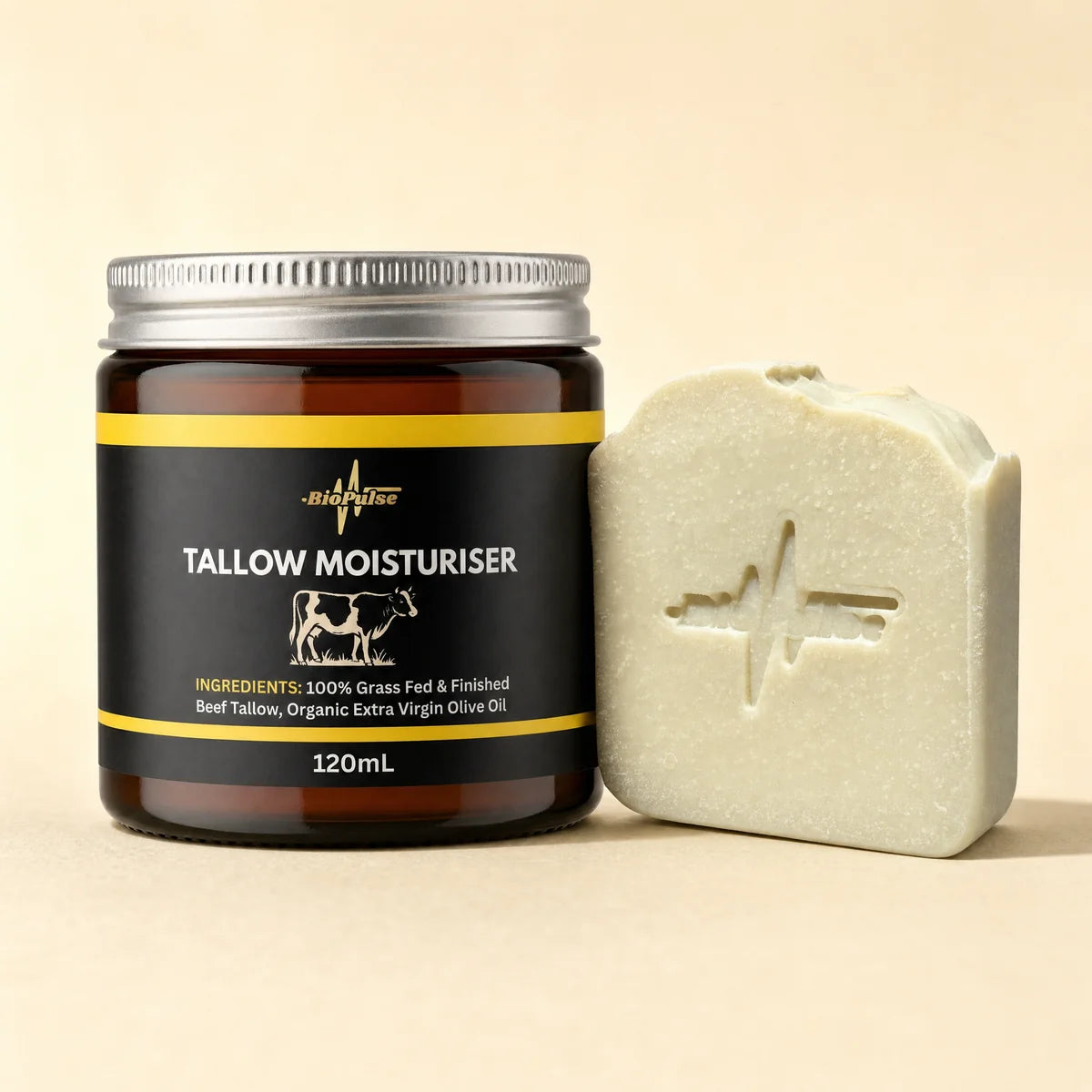The BioPulse tallow jar and soap bar together