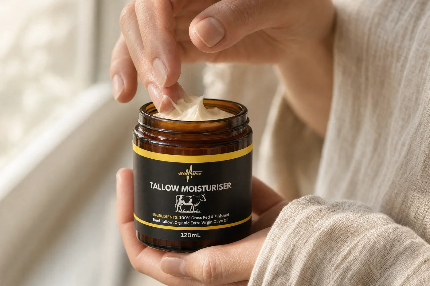 Fingers scooping whipped tallow balm from the jar