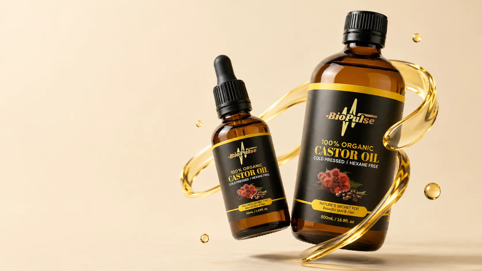 BioPulse organic castor oil bottles with a golden oil ribbon on an oat background