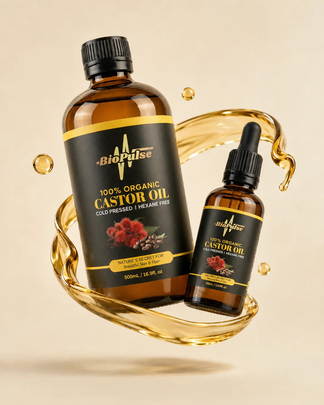 BioPulse organic castor oil bottles with a golden oil ribbon on an oat background