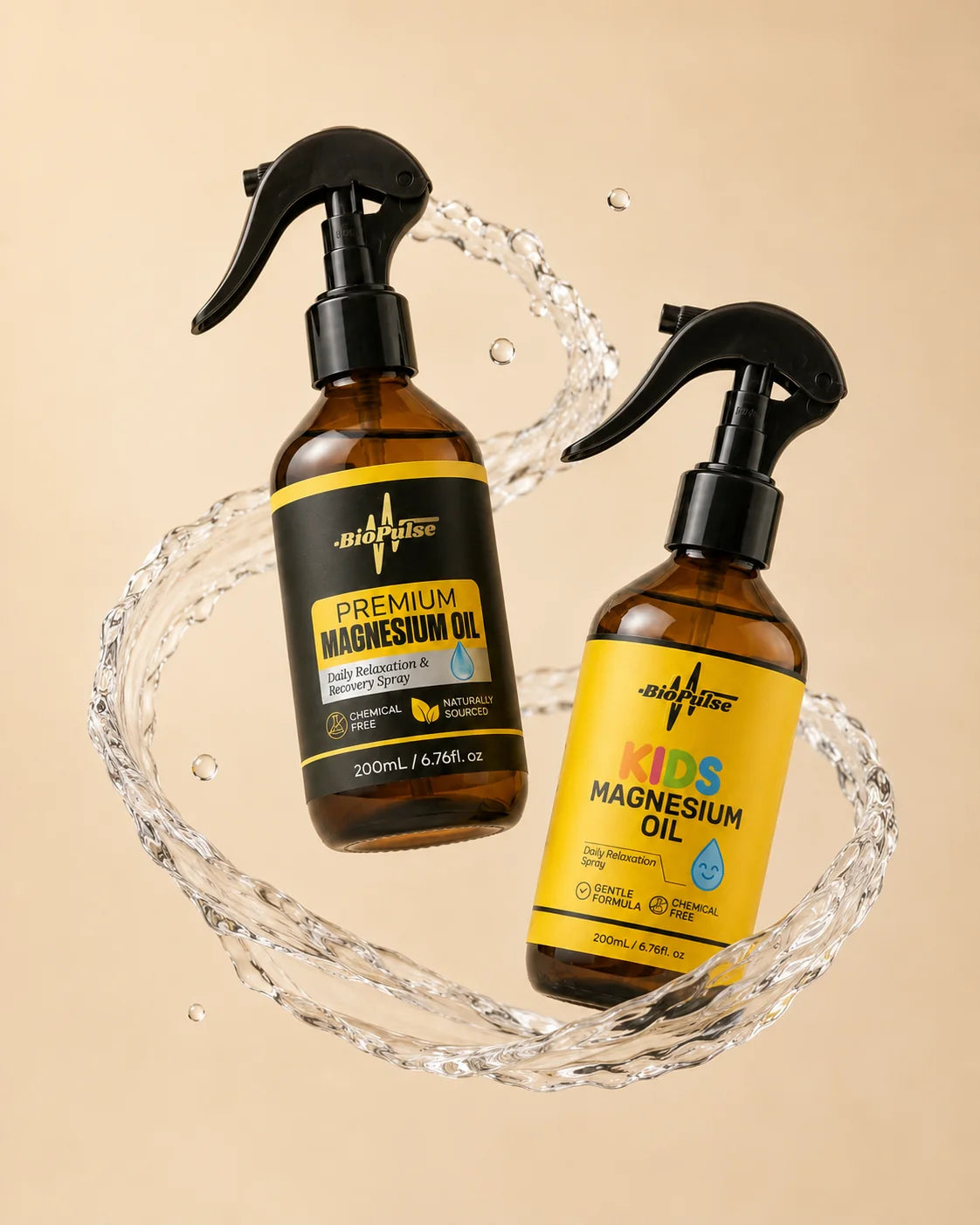 BioPulse magnesium oil spray bottles for adults and kids with a ribbon of water on an oat background