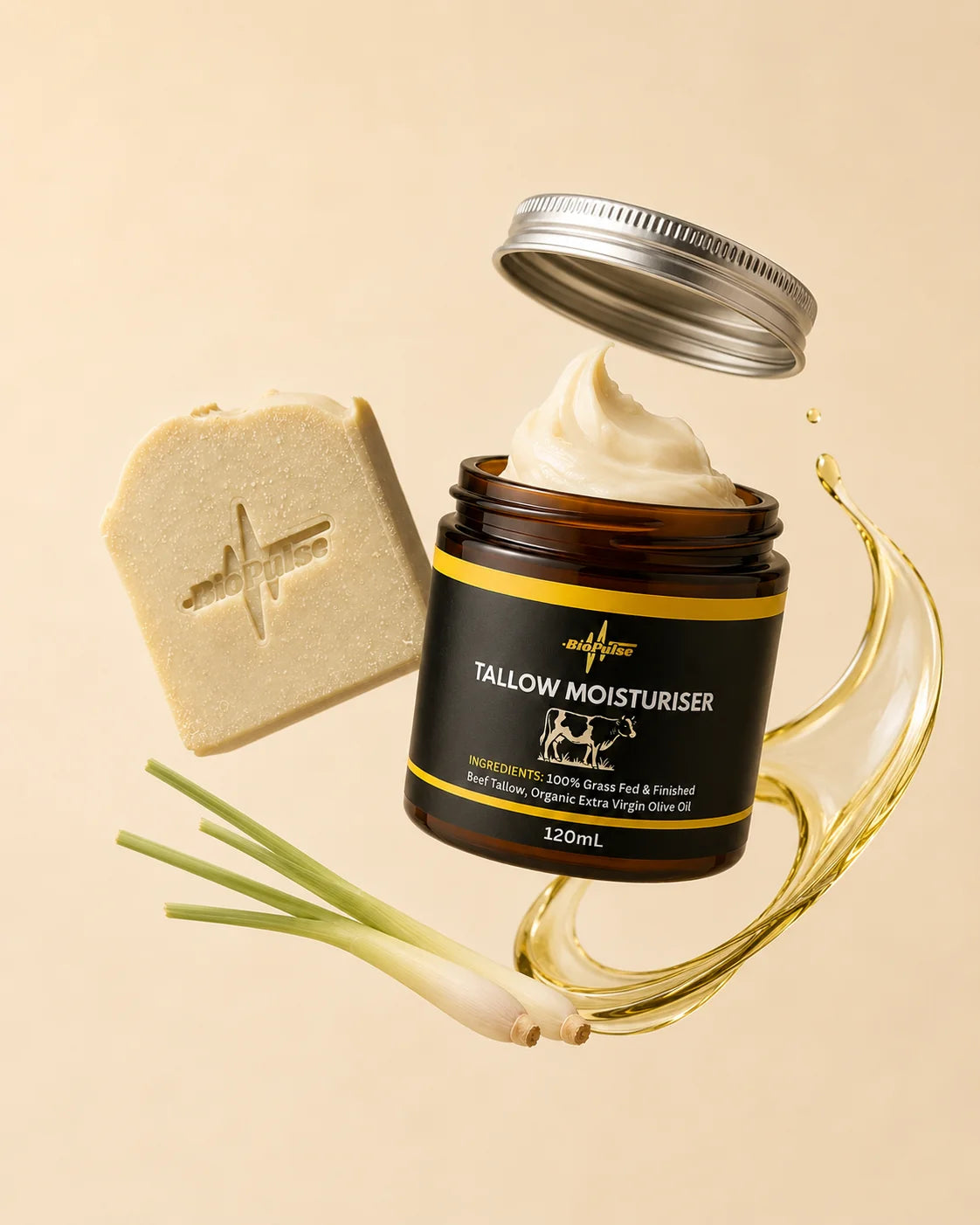 BioPulse tallow moisturiser jar with floating lid, tallow soap bar and lemongrass on an oat background